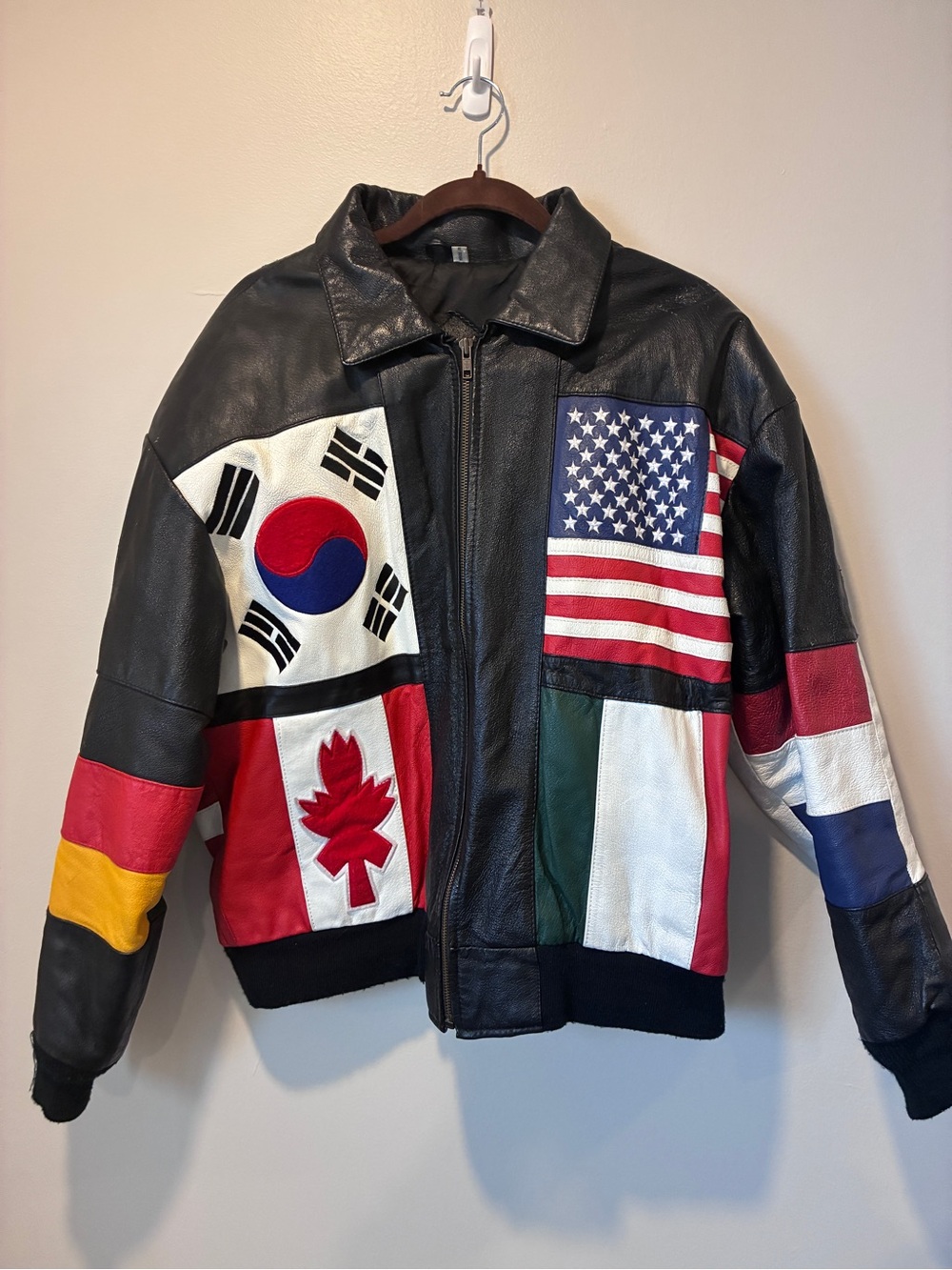 Korean Black Multicolor Flag Patch Leather Bomber Jacket